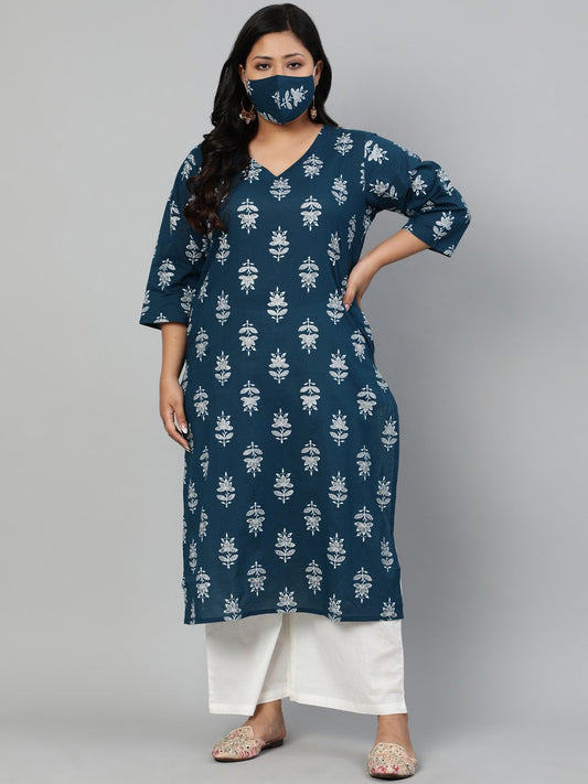 Women Teal Blue Printed Straight Kurta With V Neck & Three Quarters Sleeves | LASVINI - Redefining Indian Fashion with Elegance