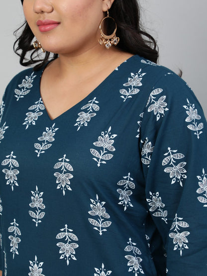 Women Teal Blue Printed Straight Kurta With V Neck & Three Quarters Sleeves | LASVINI - Redefining Indian Fashion with Elegance