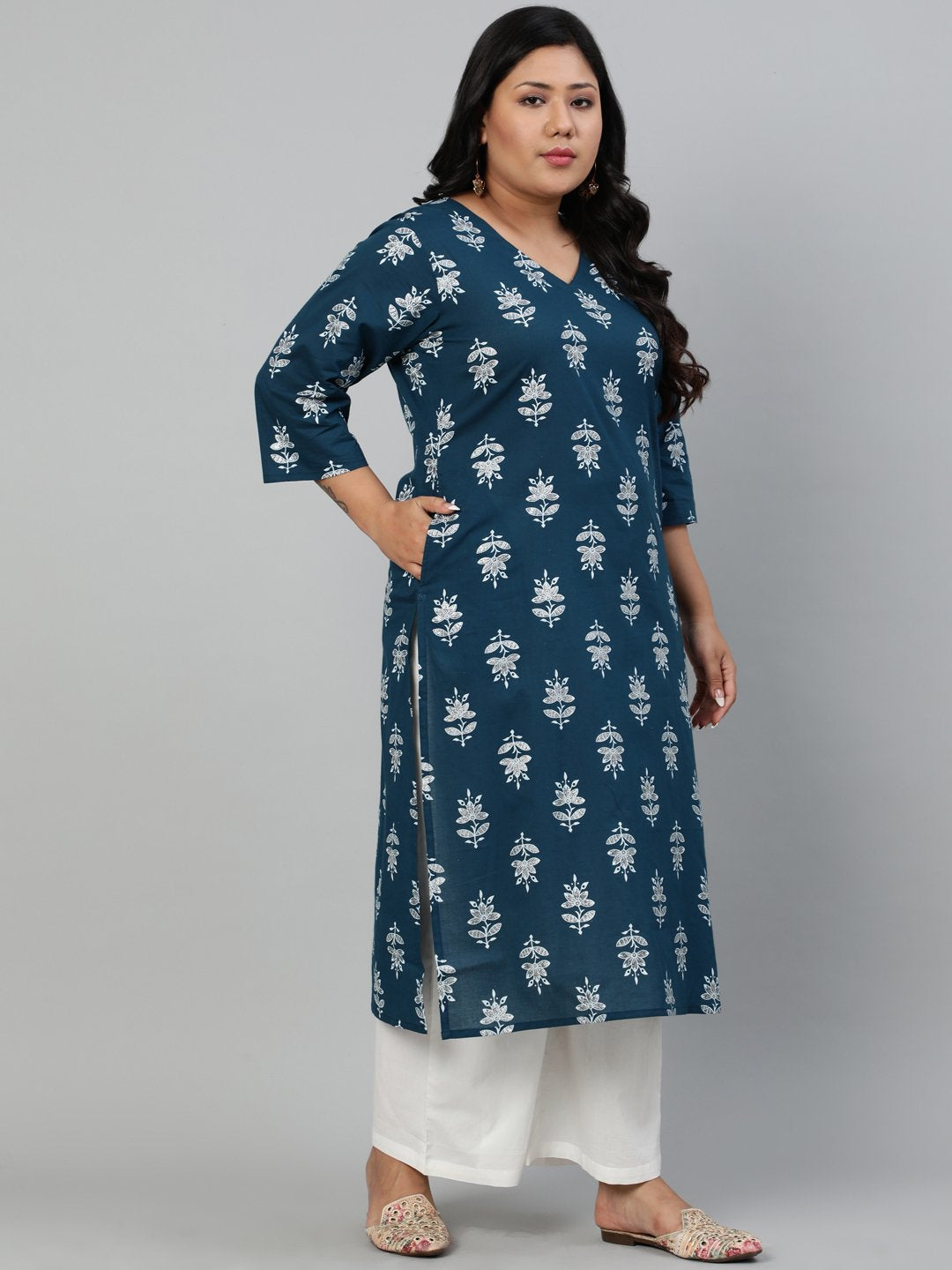 Women Teal Blue Printed Straight Kurta With V Neck & Three Quarters Sleeves | LASVINI - Redefining Indian Fashion with Elegance