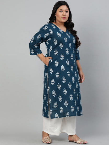 Women Teal Blue Printed Straight Kurta With V Neck & Three Quarters Sleeves | LASVINI - Redefining Indian Fashion with Elegance