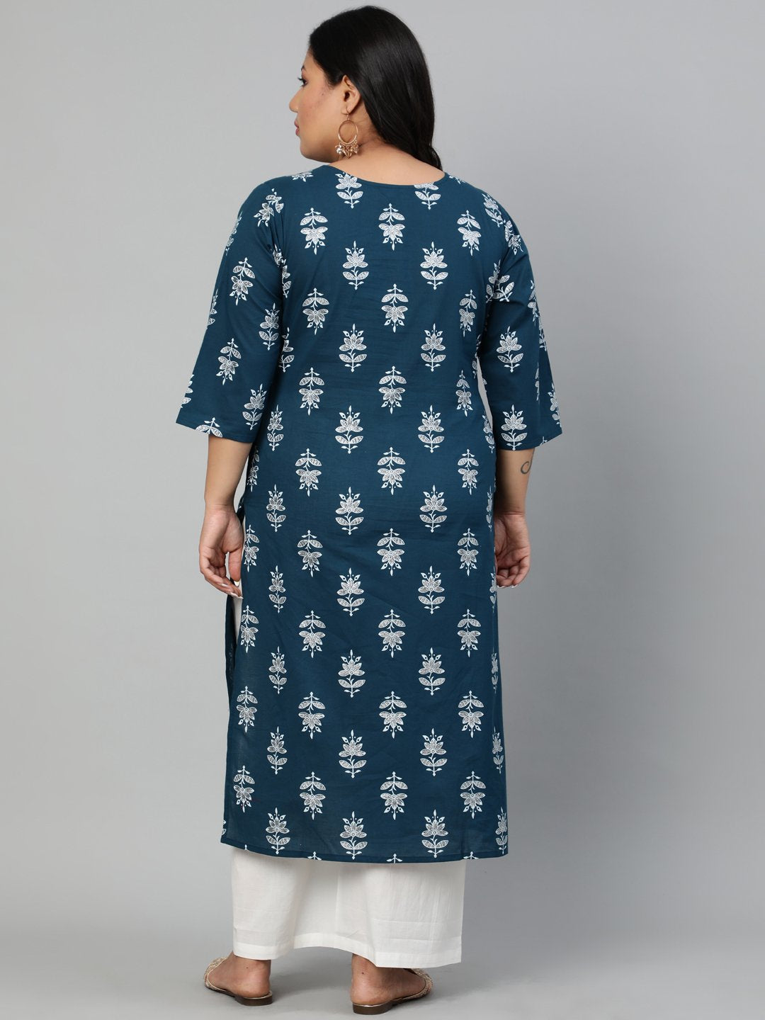 Women Teal Blue Printed Straight Kurta With V Neck & Three Quarters Sleeves | LASVINI - Redefining Indian Fashion with Elegance
