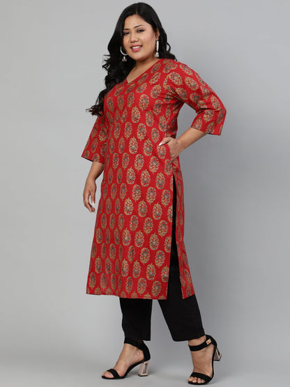 Women Red Ethnic Motifs Printed Regular Straight Kurta | LASVINI - Redefining Indian Fashion with Elegance