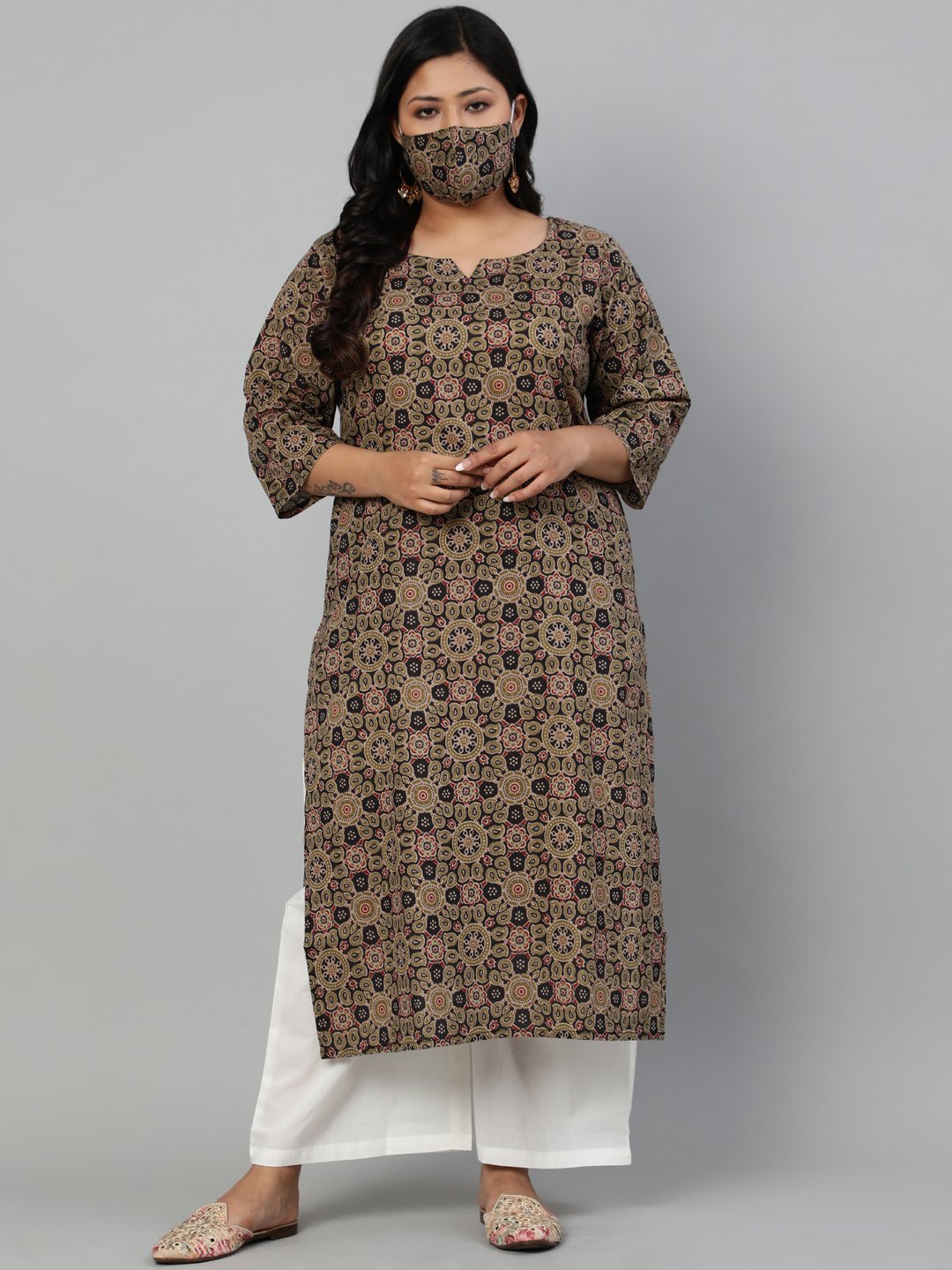Women Olive Green Printed Straight Kurta With Round Neck & Three Quarters Sleeves | LASVINI - Redefining Indian Fashion with Elegance
