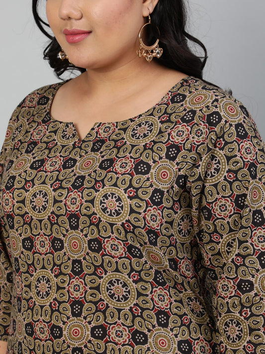 Women Olive Green Printed Straight Kurta With Round Neck & Three Quarters Sleeves | LASVINI - Redefining Indian Fashion with Elegance