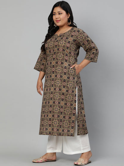 Women Olive Green Printed Straight Kurta With Round Neck & Three Quarters Sleeves | LASVINI - Redefining Indian Fashion with Elegance
