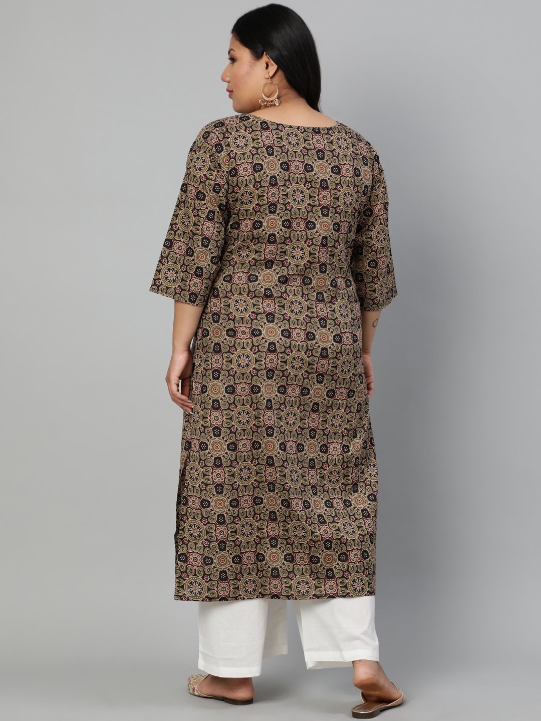 Women Olive Green Printed Straight Kurta With Round Neck & Three Quarters Sleeves | LASVINI - Redefining Indian Fashion with Elegance