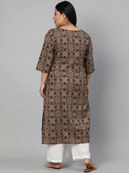Women Olive Green Printed Straight Kurta With Round Neck & Three Quarters Sleeves | LASVINI - Redefining Indian Fashion with Elegance