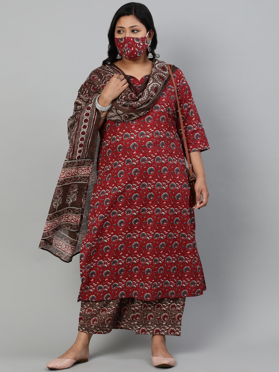 Women Maroon & Taupe Floral Printed Straight Kurta With Plazo & Dupatta | LASVINI - Redefining Indian Fashion with Elegance