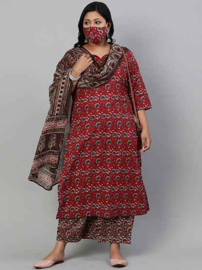 Women Maroon & Taupe Floral Printed Straight Kurta With Plazo & Dupatta | LASVINI - Redefining Indian Fashion with Elegance