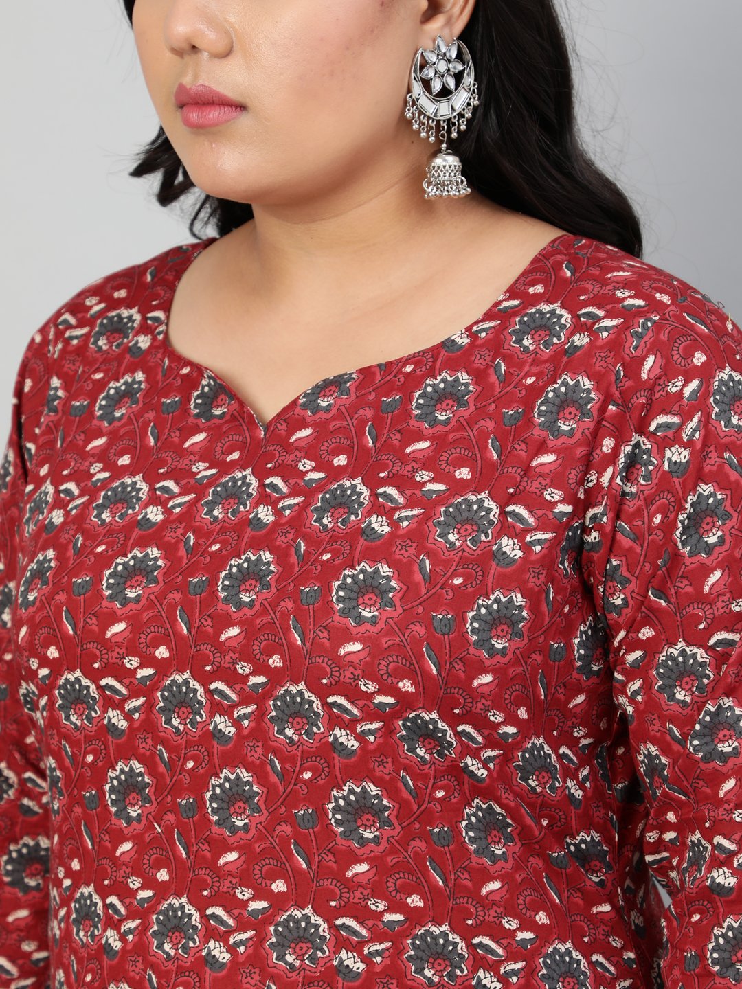 Women Maroon & Taupe Floral Printed Straight Kurta With Plazo & Dupatta | LASVINI - Redefining Indian Fashion with Elegance