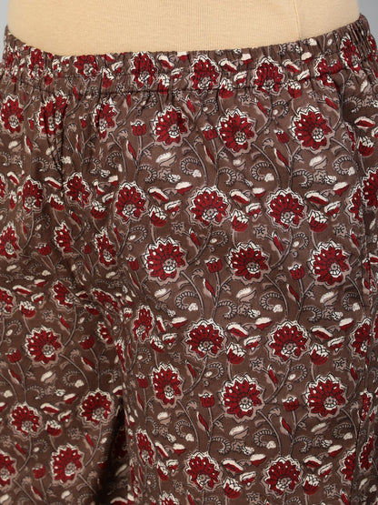Women Maroon & Taupe Floral Printed Straight Kurta With Plazo & Dupatta | LASVINI - Redefining Indian Fashion with Elegance