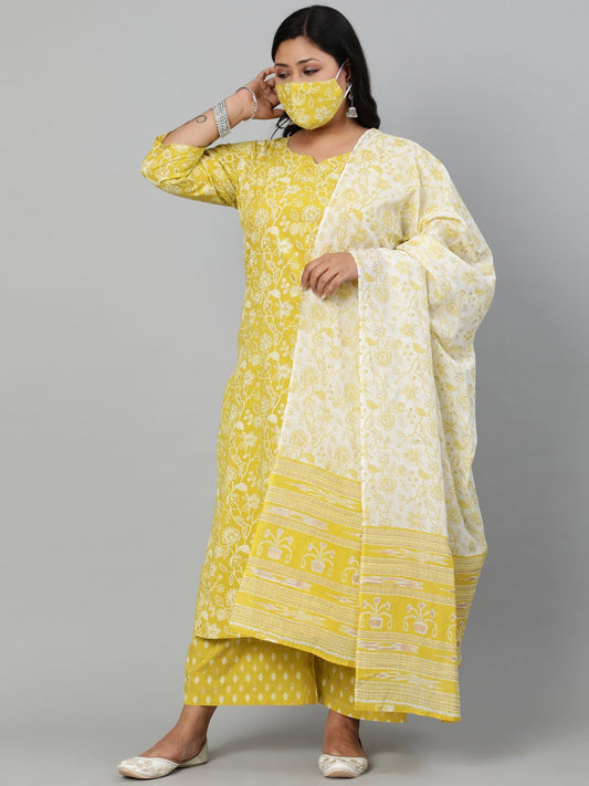 Women Lime Green & Gold Floral Printed Straight Kurta With Plazo & Dupatta | LASVINI - Redefining Indian Fashion with Elegance