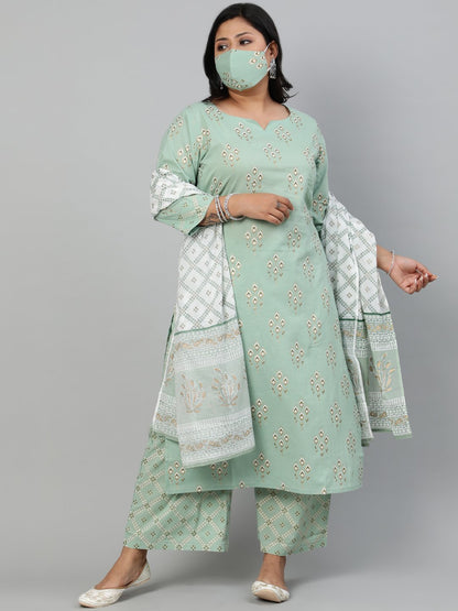 Women Sage Green & Gold  Printed Straight Kurta With Plazo & Dupatta | LASVINI - Redefining Indian Fashion with Elegance