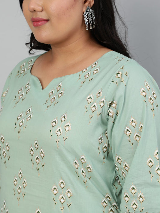 Women Sage Green & Gold  Printed Straight Kurta With Plazo & Dupatta | LASVINI - Redefining Indian Fashion with Elegance