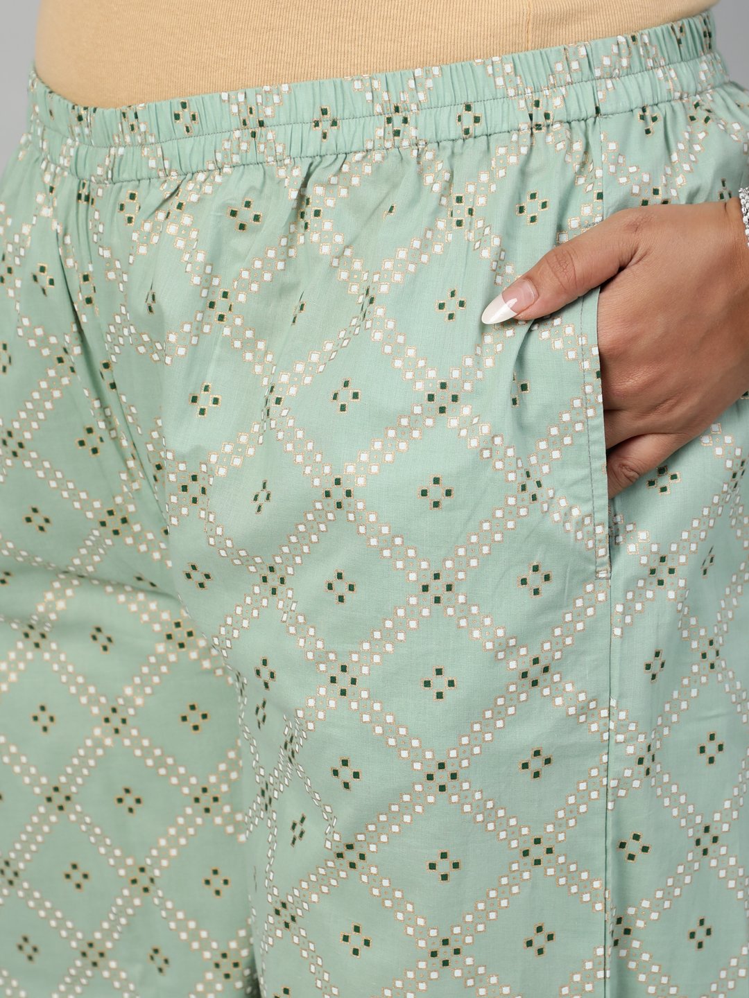 Women Sage Green & Gold  Printed Straight Kurta With Plazo & Dupatta | LASVINI - Redefining Indian Fashion with Elegance