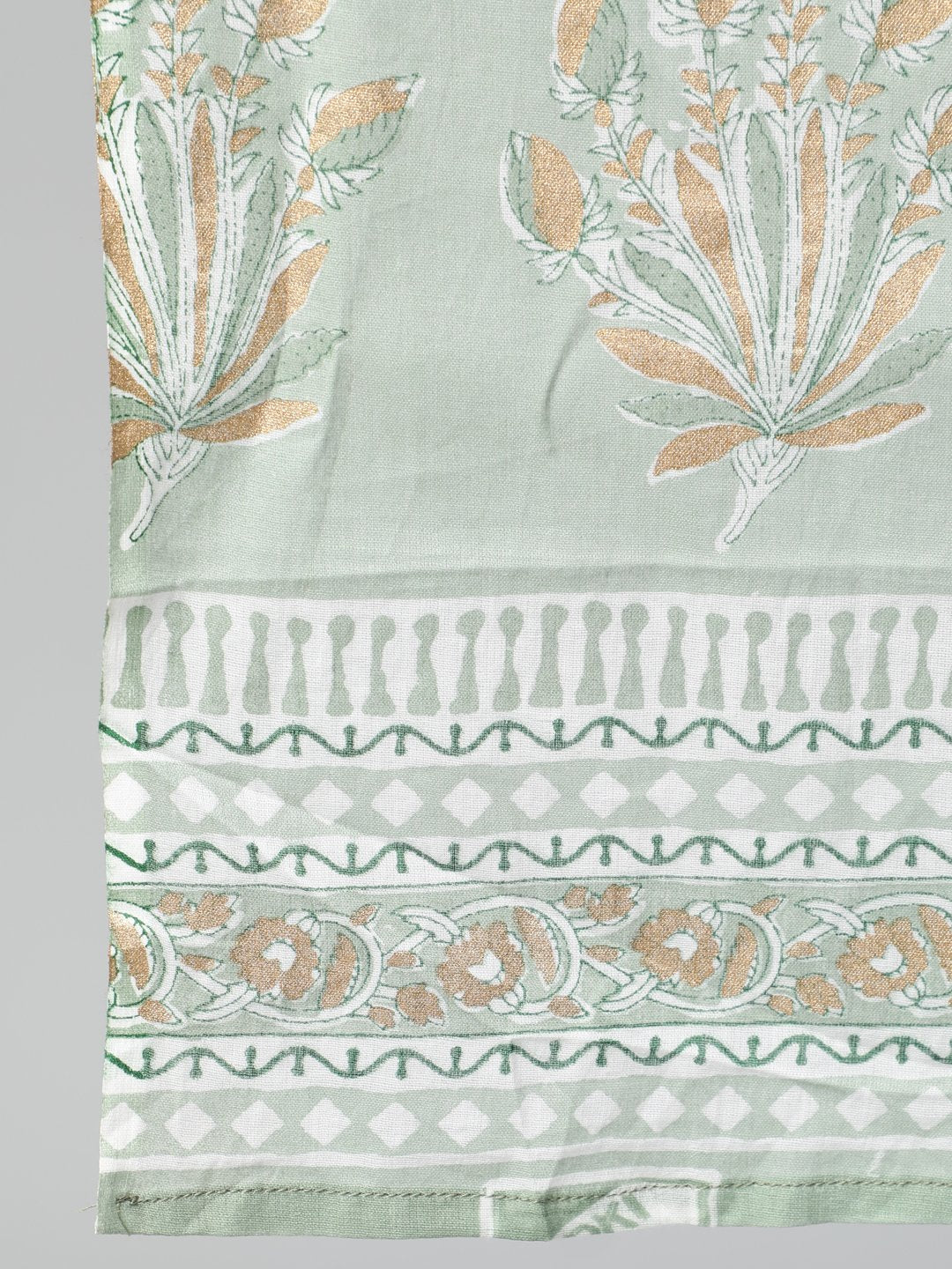 Women Sage Green & Gold  Printed Straight Kurta With Plazo & Dupatta | LASVINI - Redefining Indian Fashion with Elegance