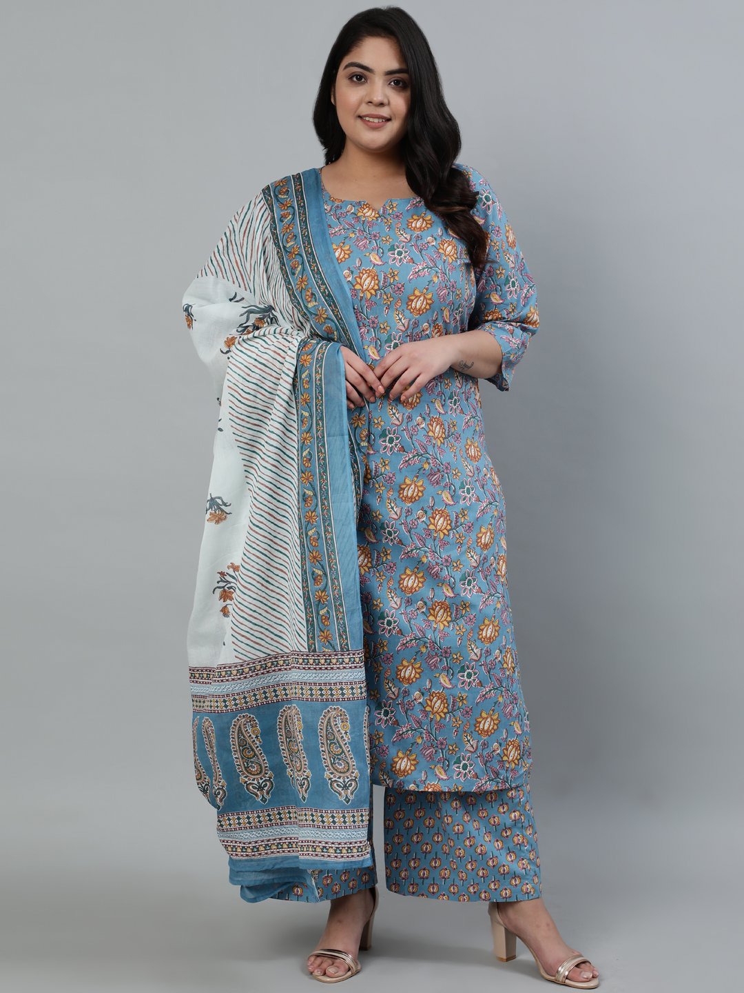 Women Blue Pure Cotton Floral Printed Regular Kurta With Trousers & Dupatta | LASVINI - Redefining Indian Fashion with Elegance