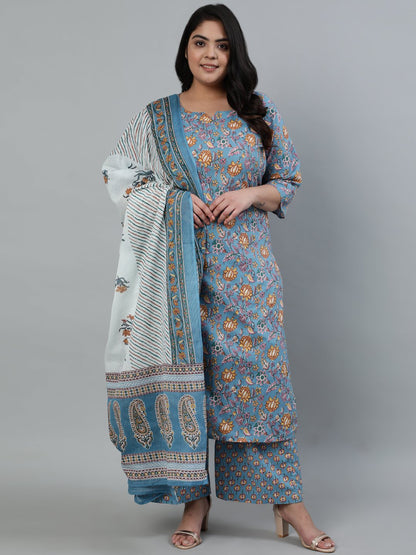 Women Blue Pure Cotton Floral Printed Regular Kurta With Trousers & Dupatta | LASVINI - Redefining Indian Fashion with Elegance
