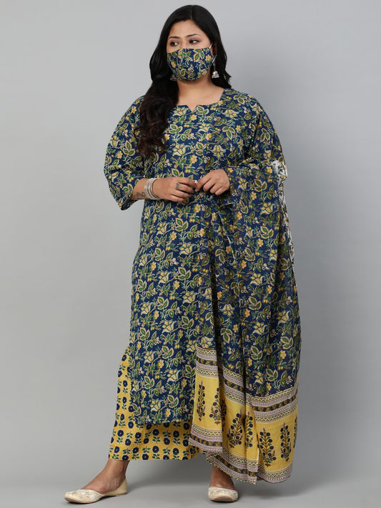 Women Navy Blue & Yellow Floral Printed Straight Kurta With Plazo & Dupatta | LASVINI - Redefining Indian Fashion with Elegance