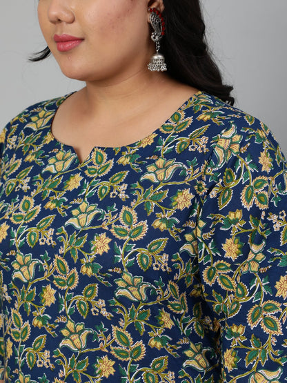 Women Navy Blue & Yellow Floral Printed Straight Kurta With Plazo & Dupatta | LASVINI - Redefining Indian Fashion with Elegance