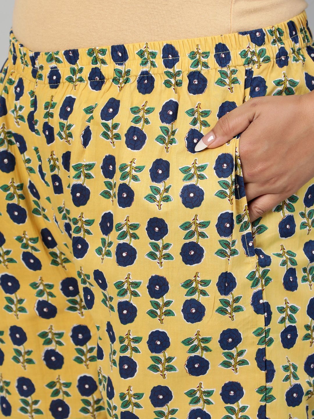 Women Navy Blue & Yellow Floral Printed Straight Kurta With Plazo & Dupatta | LASVINI - Redefining Indian Fashion with Elegance