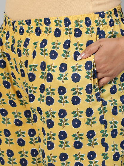 Women Navy Blue & Yellow Floral Printed Straight Kurta With Plazo & Dupatta | LASVINI - Redefining Indian Fashion with Elegance