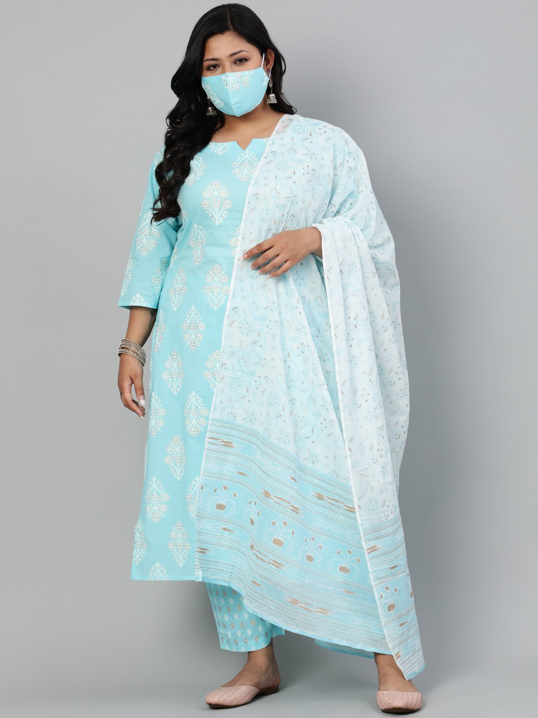 Women Pastel Blue & Gold Printed Straight Kurta With Plazo & Dupatta | LASVINI - Redefining Indian Fashion with Elegance