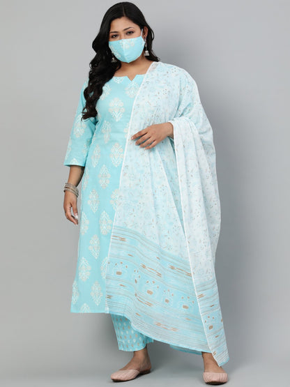 Women Pastel Blue & Gold Printed Straight Kurta With Plazo & Dupatta | LASVINI - Redefining Indian Fashion with Elegance