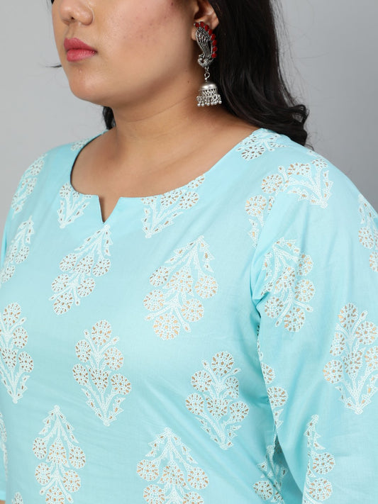 Women Pastel Blue & Gold Printed Straight Kurta With Plazo & Dupatta | LASVINI - Redefining Indian Fashion with Elegance