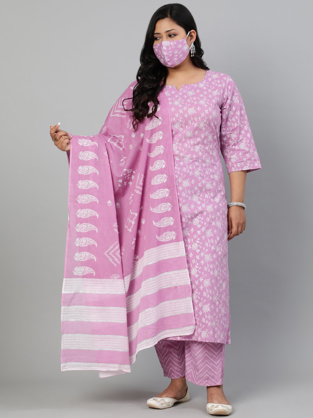 Women Lavender & Glitter Floral Printed Straight Kurta With Plazo & Dupatta | LASVINI - Redefining Indian Fashion with Elegance