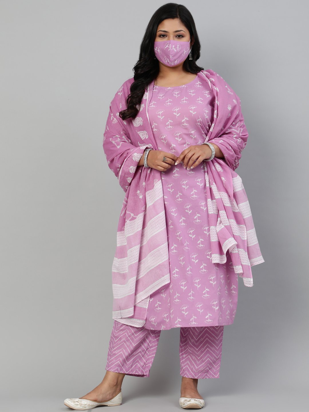 Women Lavender & Glitter Floral Printed Straight Kurta With Plazo & Dupatta | LASVINI - Redefining Indian Fashion with Elegance