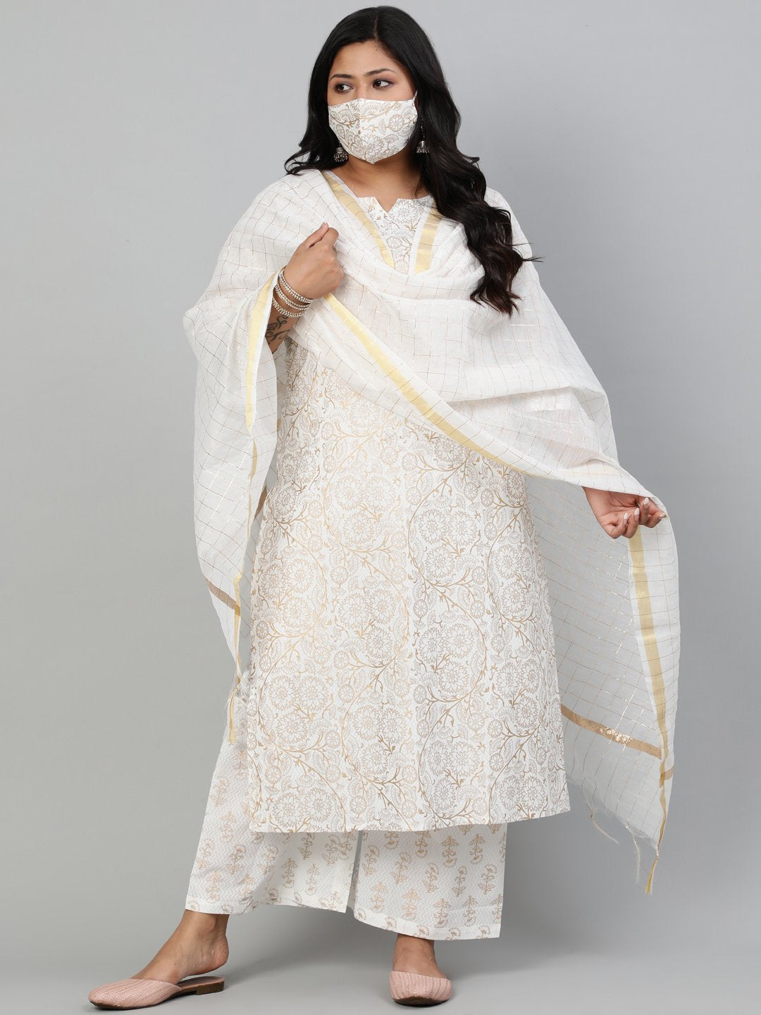 Women Off-White & Gold Floral Printed Straight Kurta With Plazo & Checked Dupatta | LASVINI - Redefining Indian Fashion with Elegance