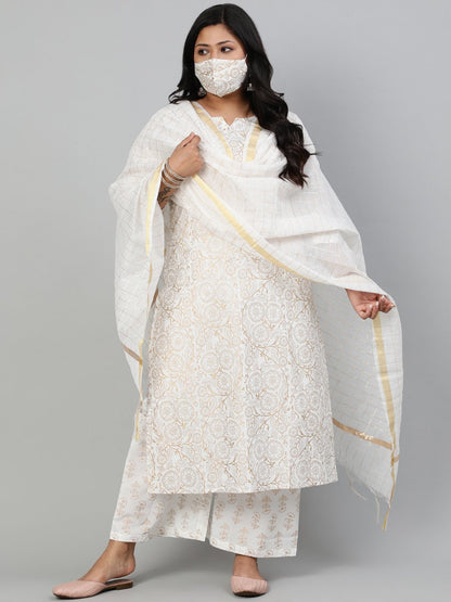Women Off-White & Gold Floral Printed Straight Kurta With Plazo & Checked Dupatta | LASVINI - Redefining Indian Fashion with Elegance