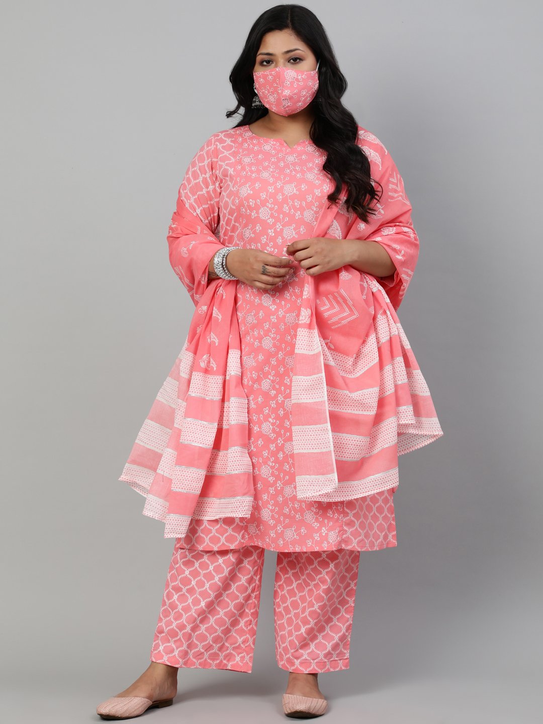 Women Peach & Glitter Floral Printed Straight Kurta With Plazo & Checked Dupatta | LASVINI - Redefining Indian Fashion with Elegance