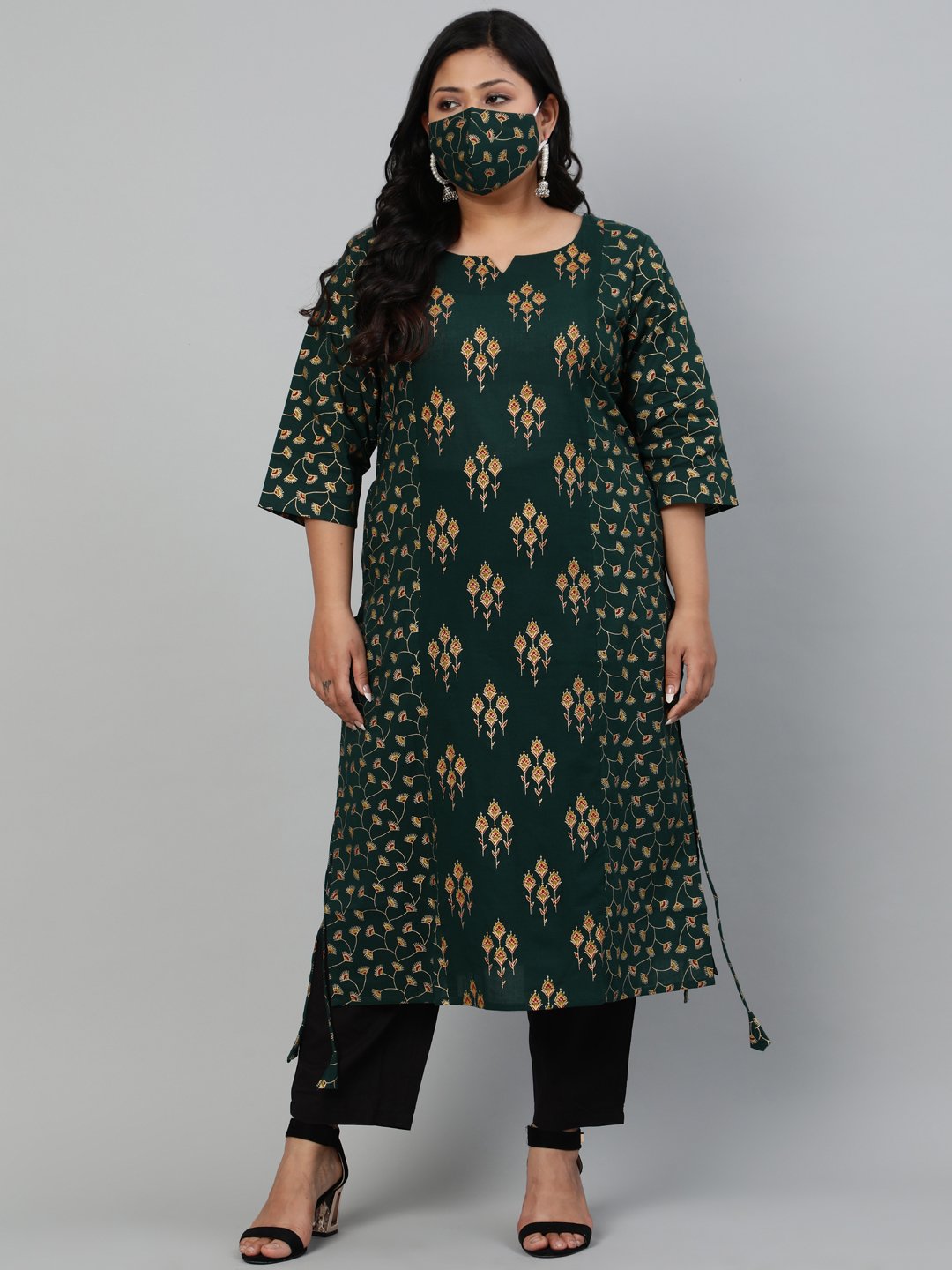 Women Green & Gold Printed Straight Kurta With Round Neck & Three Quarters Sleeves | LASVINI - Redefining Indian Fashion with Elegance