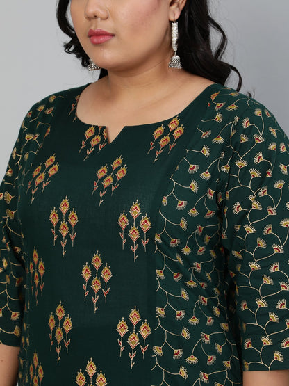 Women Green & Gold Printed Straight Kurta With Round Neck & Three Quarters Sleeves | LASVINI - Redefining Indian Fashion with Elegance