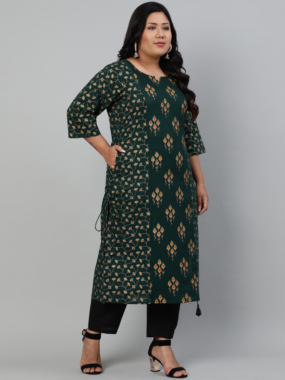 Women Green & Gold Printed Straight Kurta With Round Neck & Three Quarters Sleeves | LASVINI - Redefining Indian Fashion with Elegance
