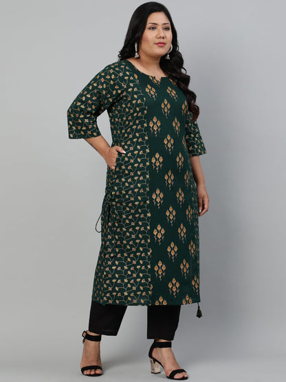 Women Green & Gold Printed Straight Kurta With Round Neck & Three Quarters Sleeves | LASVINI - Redefining Indian Fashion with Elegance