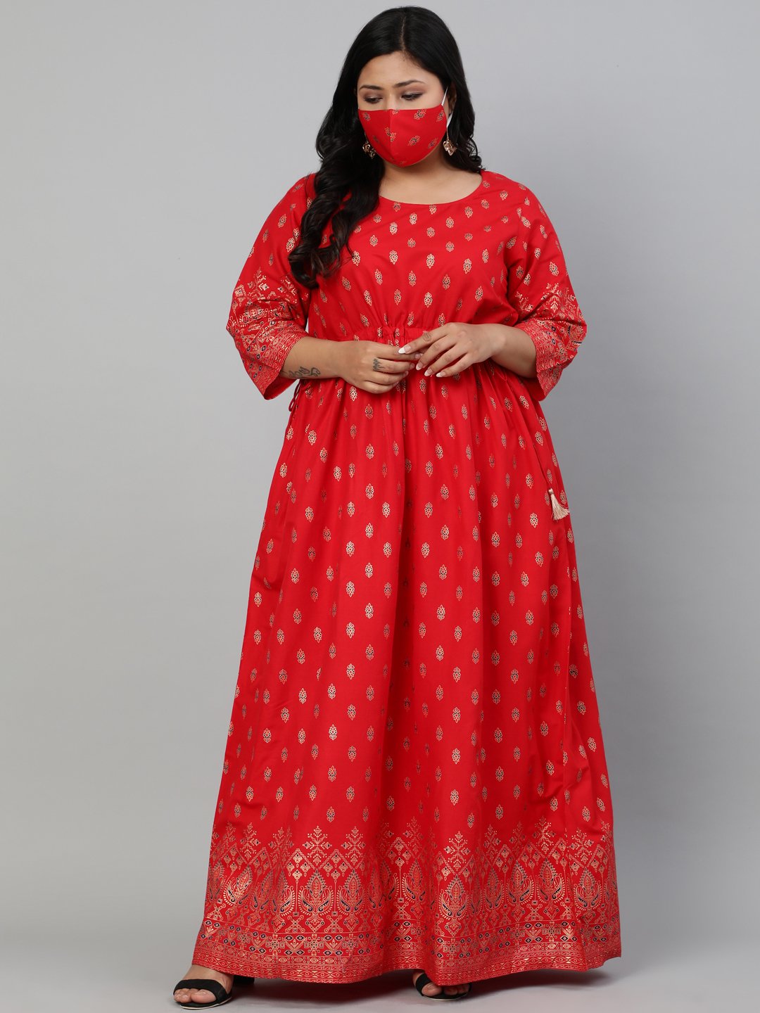 Women Red & Gold Printed Dress With Three Quarter Sleeves & Dori Detailing | LASVINI - Redefining Indian Fashion with Elegance