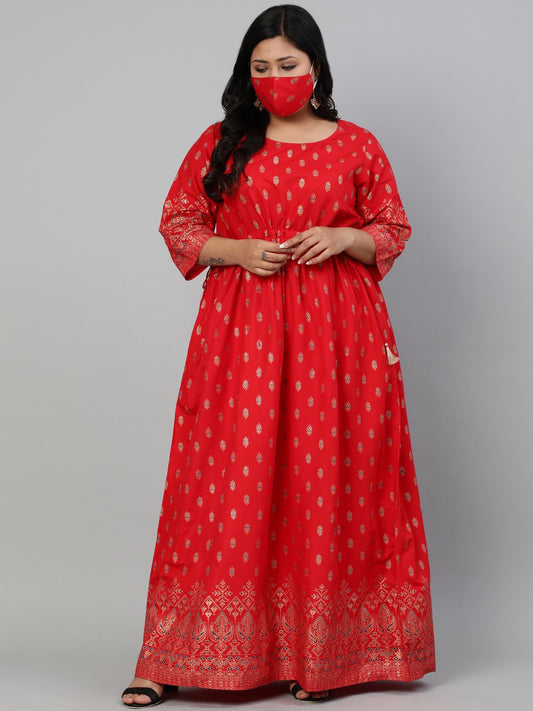 Women Red & Gold Printed Dress With Three Quarter Sleeves & Dori Detailing | LASVINI - Redefining Indian Fashion with Elegance