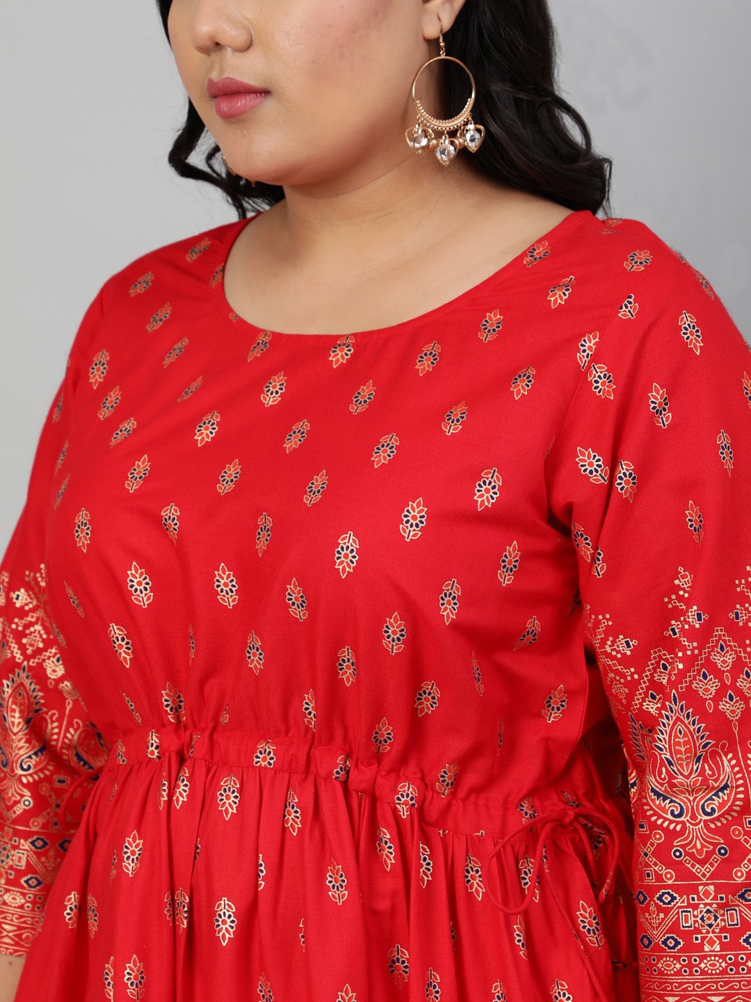Women Red & Gold Printed Dress With Three Quarter Sleeves & Dori Detailing | LASVINI - Redefining Indian Fashion with Elegance