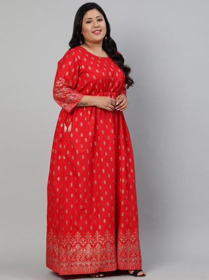 Women Red & Gold Printed Dress With Three Quarter Sleeves & Dori Detailing | LASVINI - Redefining Indian Fashion with Elegance