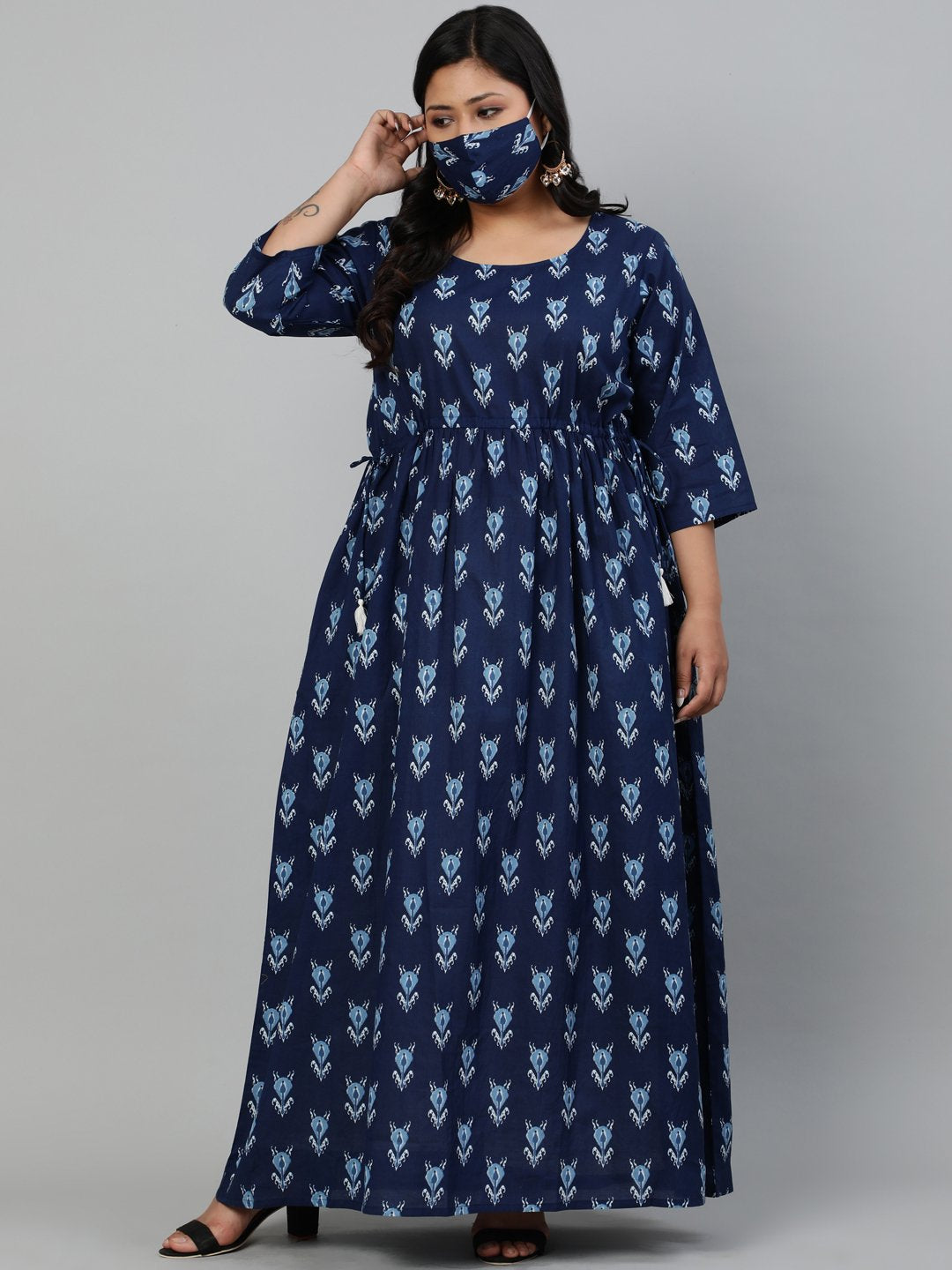 Women Indigo Blue Printed Dress With Three Quarter Sleeves & Dori Detailing | LASVINI - Redefining Indian Fashion with Elegance