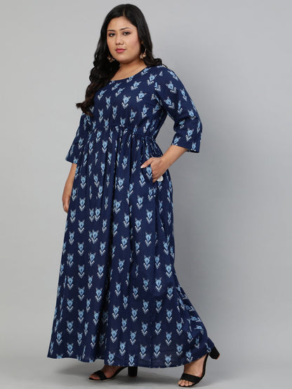 Women Indigo Blue Printed Dress With Three Quarter Sleeves & Dori Detailing | LASVINI - Redefining Indian Fashion with Elegance