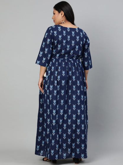 Women Indigo Blue Printed Dress With Three Quarter Sleeves & Dori Detailing | LASVINI - Redefining Indian Fashion with Elegance