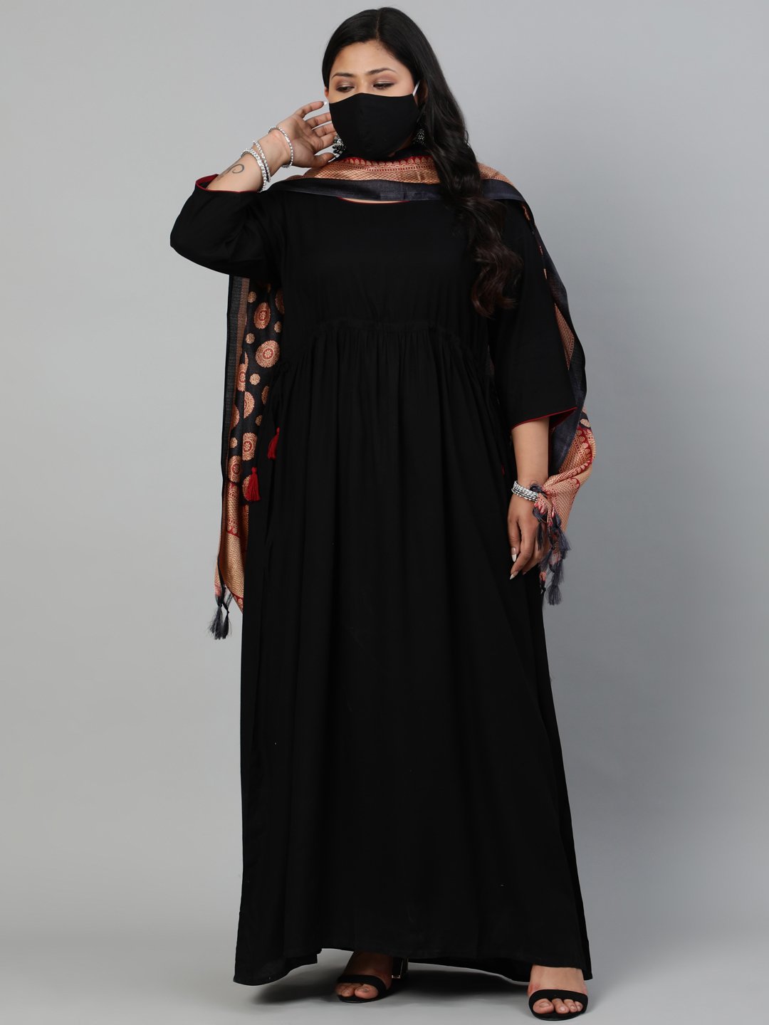 Women Solid Black Dress With Printed Dupatta | LASVINI - Redefining Indian Fashion with Elegance