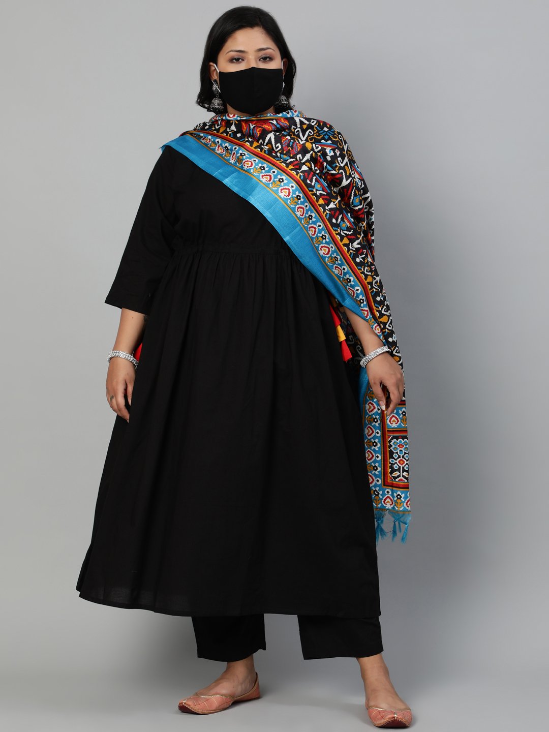 Women Solid Black Gathered Kurta With Plazo & Multi Colored Dupatta | LASVINI - Redefining Indian Fashion with Elegance