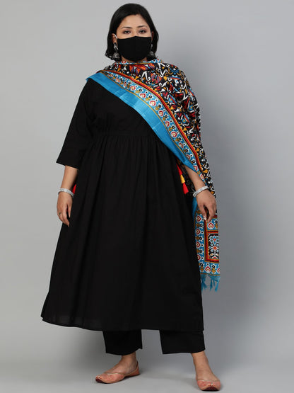 Women Solid Black Gathered Kurta With Plazo & Multi Colored Dupatta | LASVINI - Redefining Indian Fashion with Elegance