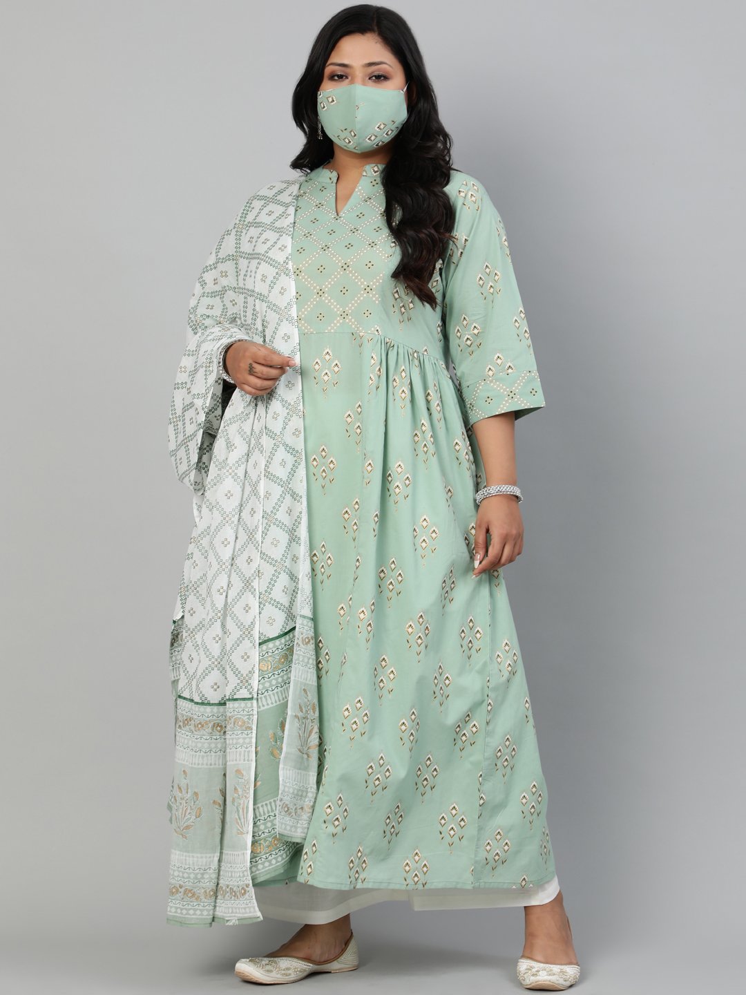 Women Sage Green Printed Gathered Kurta With Plazo & Dupatta | LASVINI - Redefining Indian Fashion with Elegance