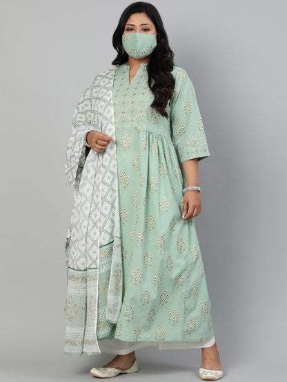 Women Sage Green Printed Gathered Kurta With Plazo & Dupatta | LASVINI - Redefining Indian Fashion with Elegance